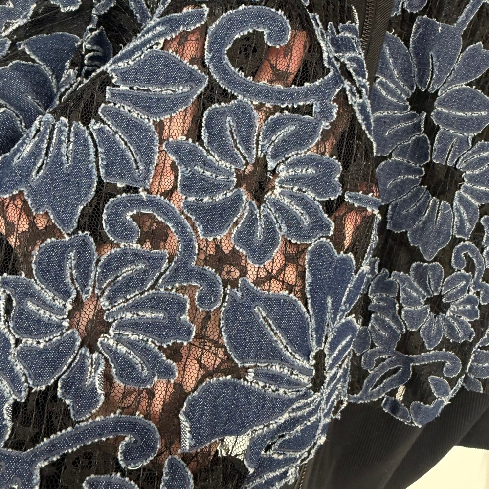 Lane Bryant Bomber Jacket Women 26/28 Blue Floral Sheer Lace Denim Applique Boho - Picture 3 of 8